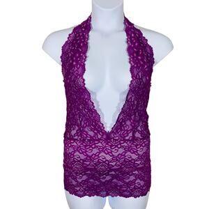 Fredericks of Hollywood Purple Lace Deep V Plunge Halter Top Sz M